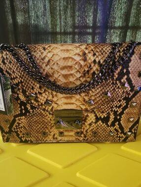 Badgley Mischka Snake-Embossed Studded Shoulder Bag in Brown and Black